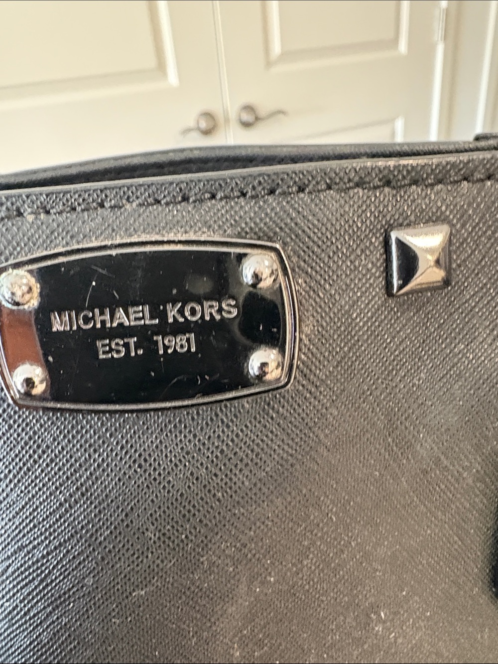 Michael Kors Black Studded Tote with Pom Key Charm - Picture 2 of 4